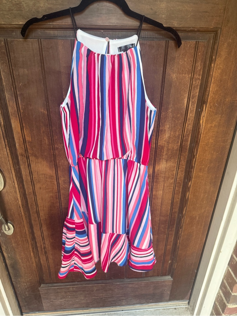 Aqua Fit & Flare Striped Halter Short Dress, juniors size M, Lined, Ruffle, Zip